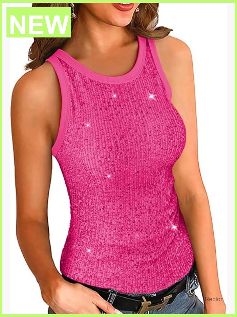 Sparkle Sequin Tank Tops Sleeveless Blouse Slim Fit Crewneck Summer Tops